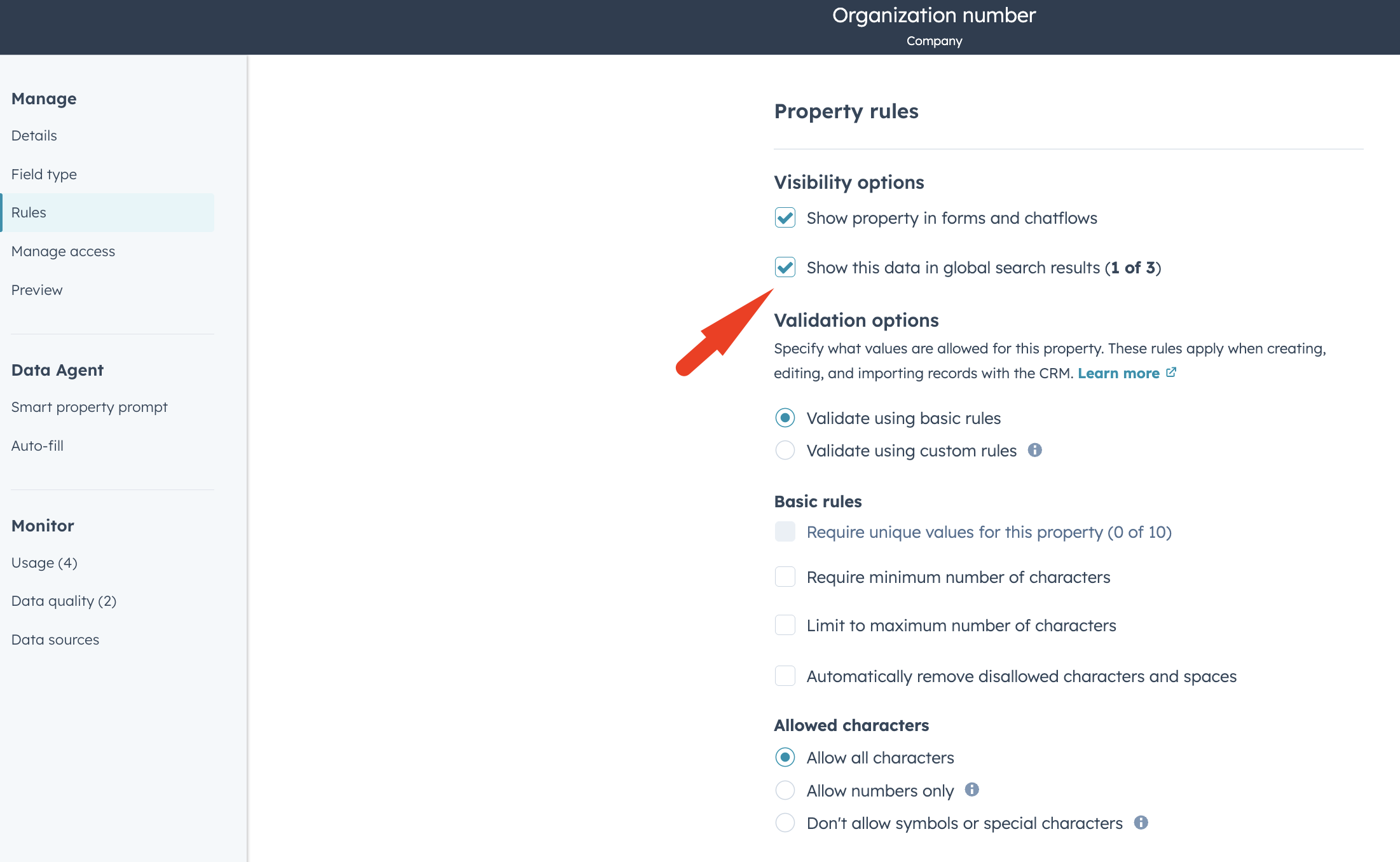 Screenshot fra HubSpot som viser hvordan det globale søket kan tilpasses